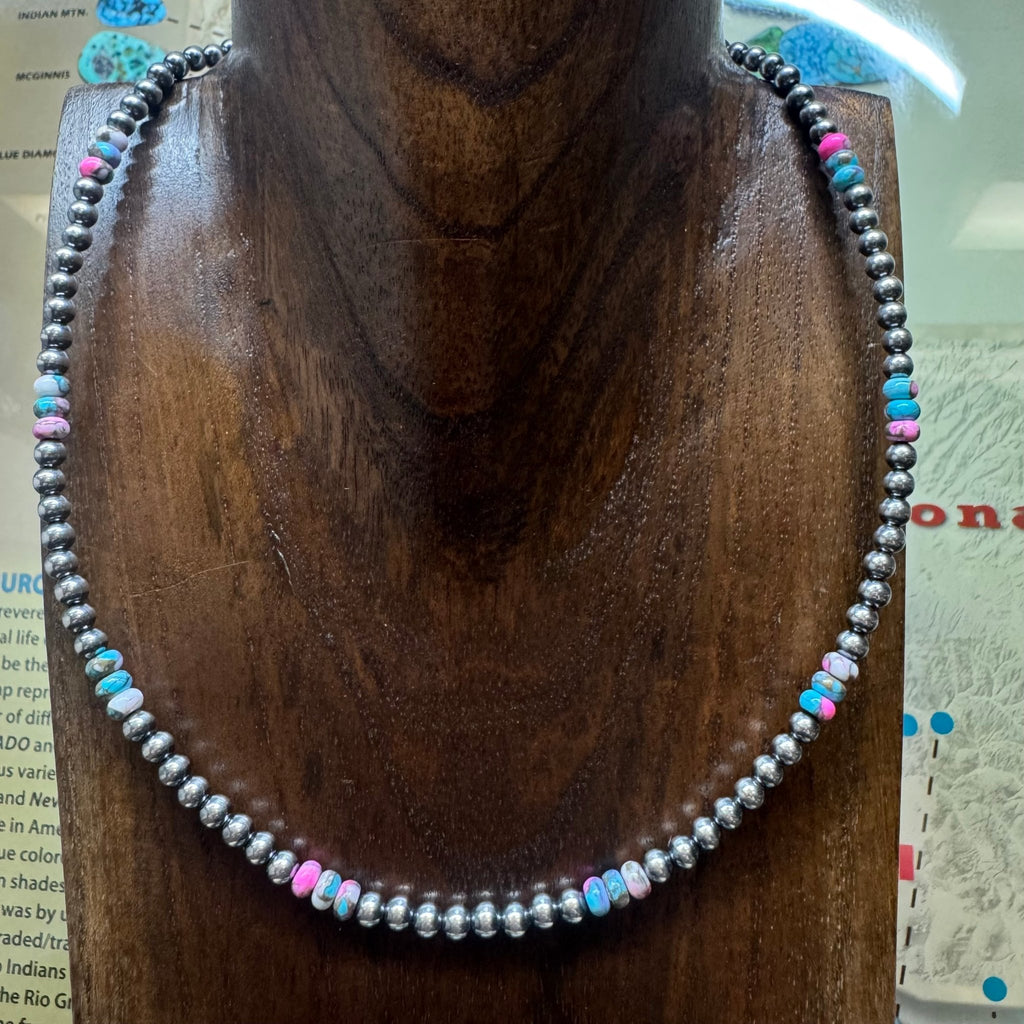 16 inch 5mm Navajo Pearl with Rondelle Cotton Candy Patterned Sterling Silver Necklace - Country Lace Boutique