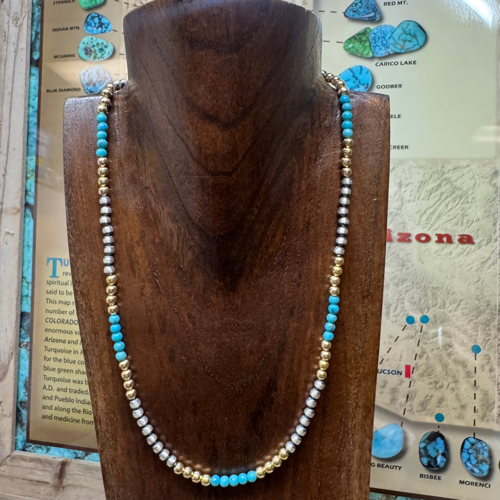 16 inch 5mm Navajo Pearls Turquoise & Gold Patterned Sterling Silver Necklace - Country Lace Boutique