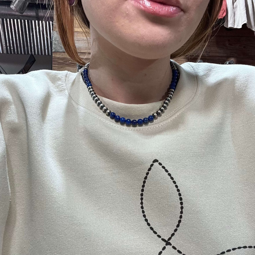 16 Inch 6mm Navajo Pearls with Blue Lapis Sterling Silver Necklace - Country Lace Boutique