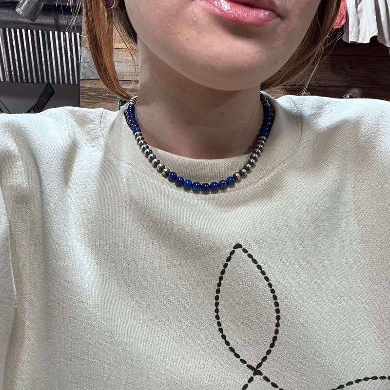 16 Inch 6mm Navajo Pearls with Blue Lapis Sterling Silver Necklace - Country Lace Boutique