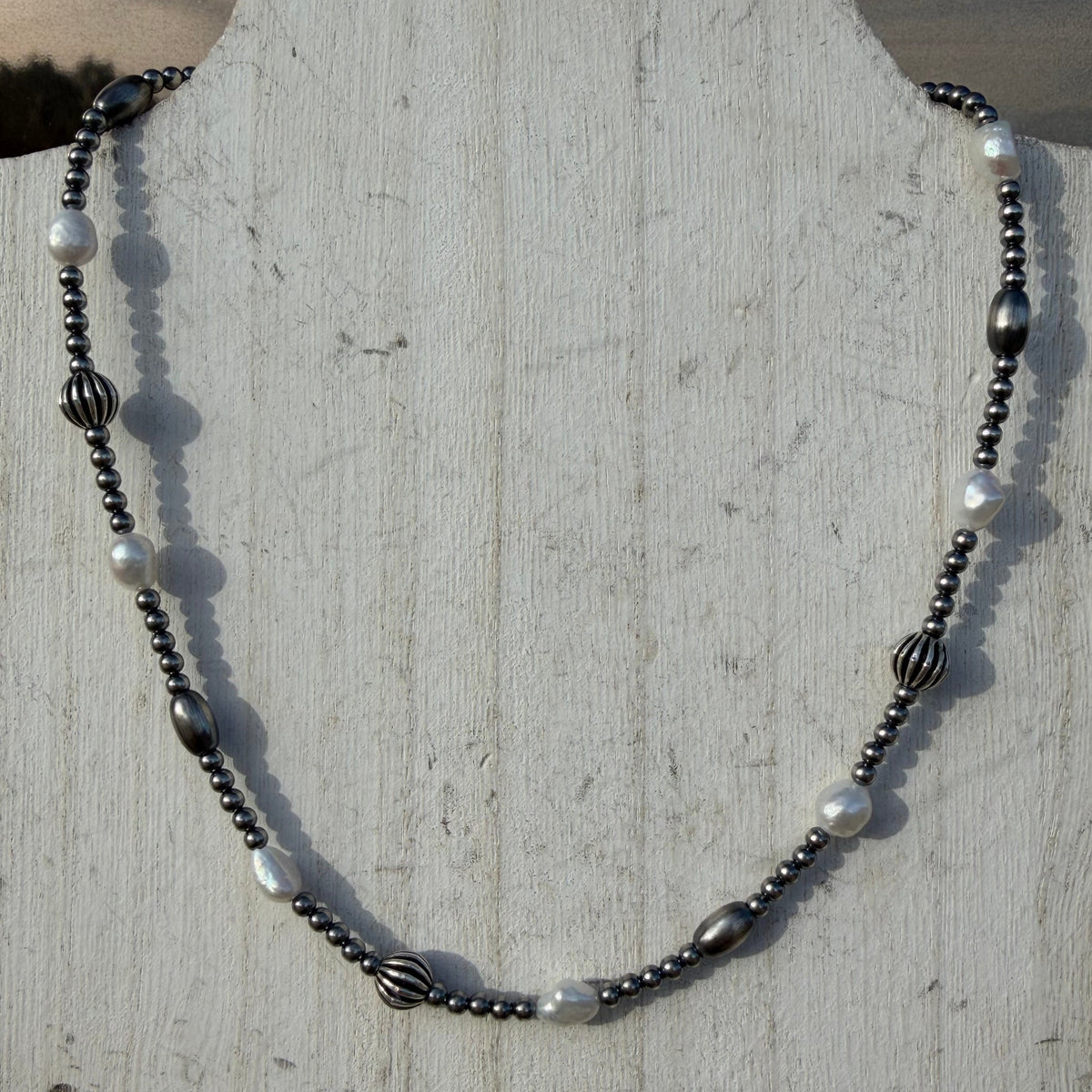 16 inch Navajo Pearl, Fresh Water Pearls & Assorted Beads Patterned Sterling Silver Navajo Pearl Necklace w/ 2 inch extender - Country Lace Boutique