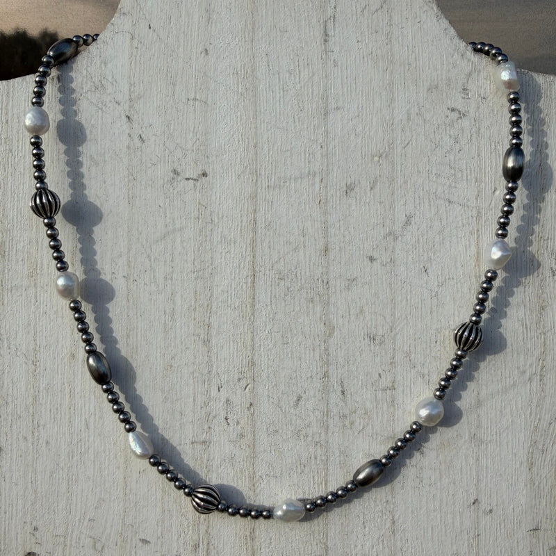 16 inch Navajo Pearl, Fresh Water Pearls & Assorted Beads Patterned Sterling Silver Navajo Pearl Necklace w/ 2 inch extender - Country Lace Boutique