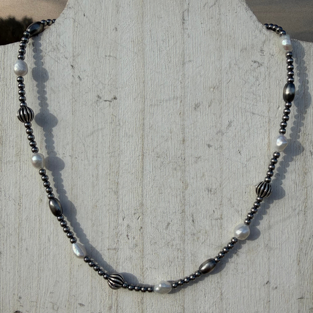 16 inch Navajo Pearl, Fresh Water Pearls & Assorted Beads Patterned Sterling Silver Navajo Pearl Necklace w/ 2 inch extender - Country Lace Boutique