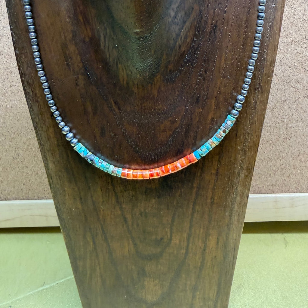 16 inch Orange Spiny Turquoise Heishi Sterling Silver Necklace - Country Lace Boutique