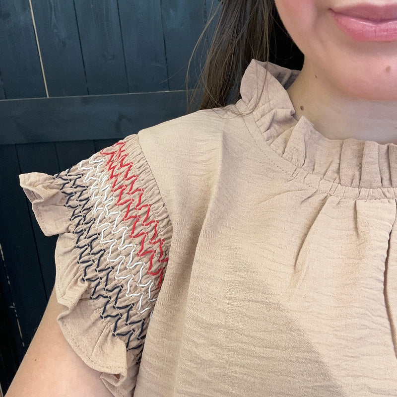 Taupe Ruffled Top With Back Keyhole Button Blouse