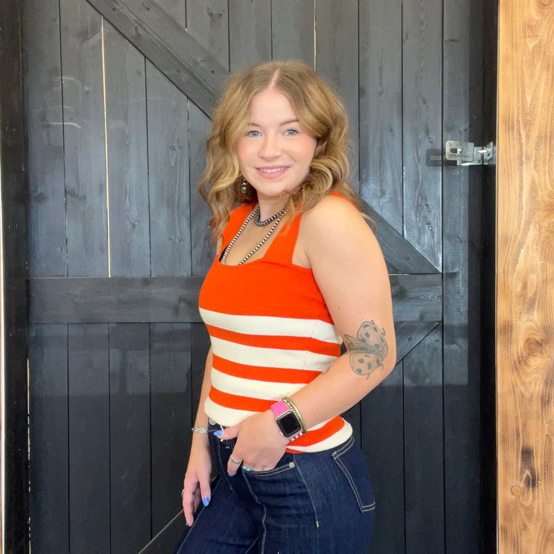 Orange & White Striped Square Neck Sleeveless Top