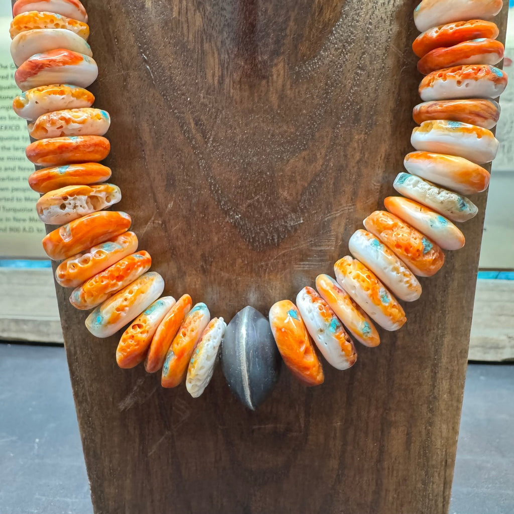 17 inch Orange Spiny Disc Sterling Silver Necklace - Country Lace Boutique