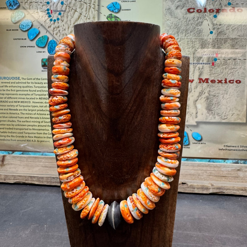 17 inch Orange Spiny Disc Sterling Silver Necklace - Country Lace Boutique