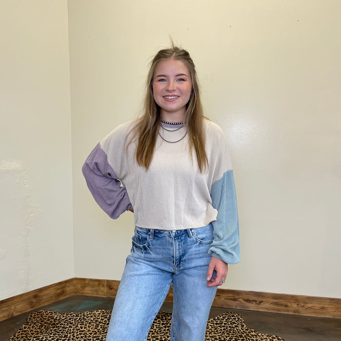Purple & Turquoise Ribbed Color Block Long Sleeve Crop Shirt