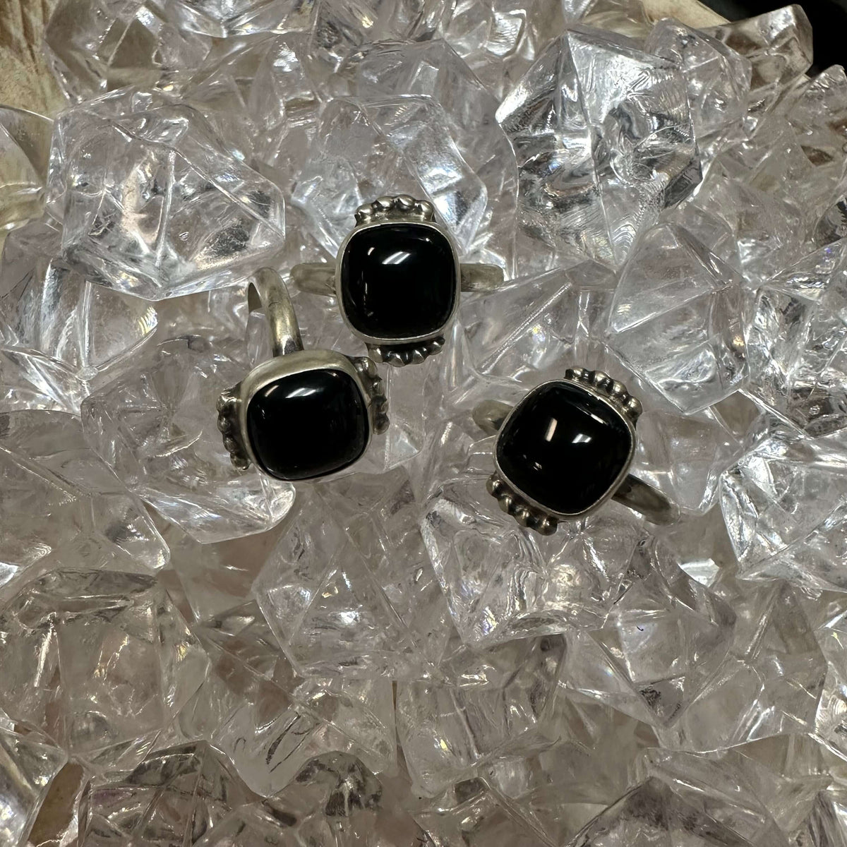 Square Black Onyx with Ball Detail Sterling Silver Ring