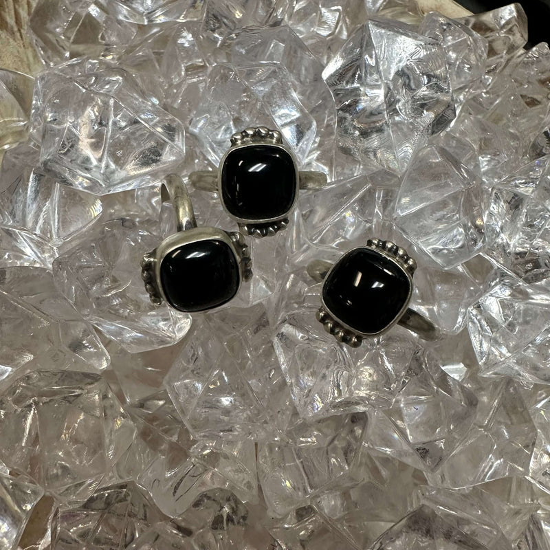 Square Black Onyx with Ball Detail Sterling Silver Ring