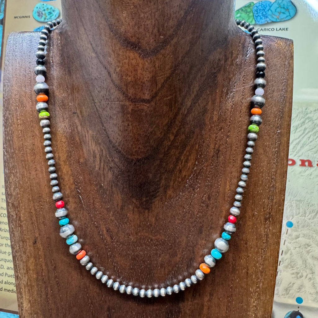 18 inch 3,4,5,6mm Navajo Pearl with Turquoise & Orange Spiny Patterned Sterling Silver Necklace - Country Lace Boutique