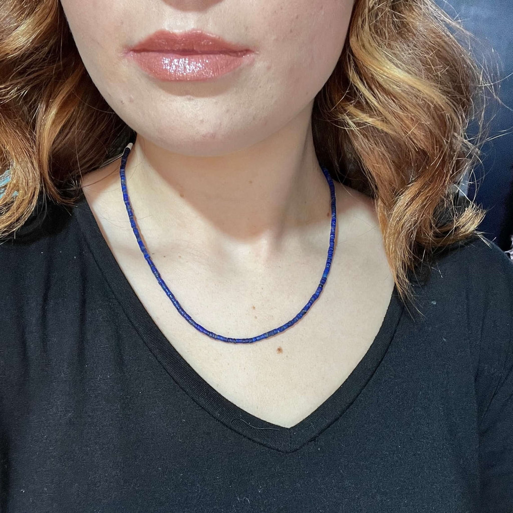 18 inch Full Lapis Heishe Sterling Silver Necklace