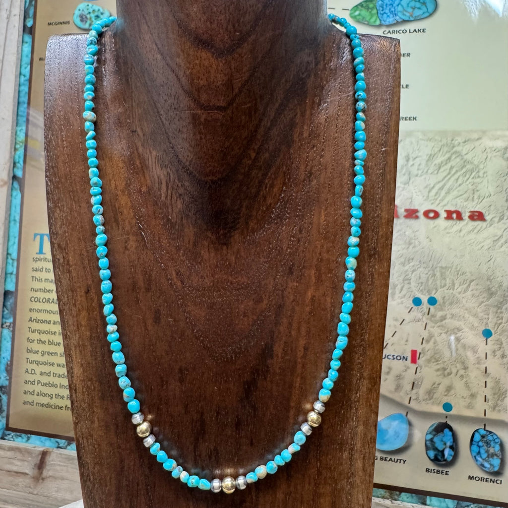 18 inch Patterned Turquoise with 4mm Navajo Pearls & 5mm Gold Plated Pearls Sterling Silver Necklace - Country Lace Boutique