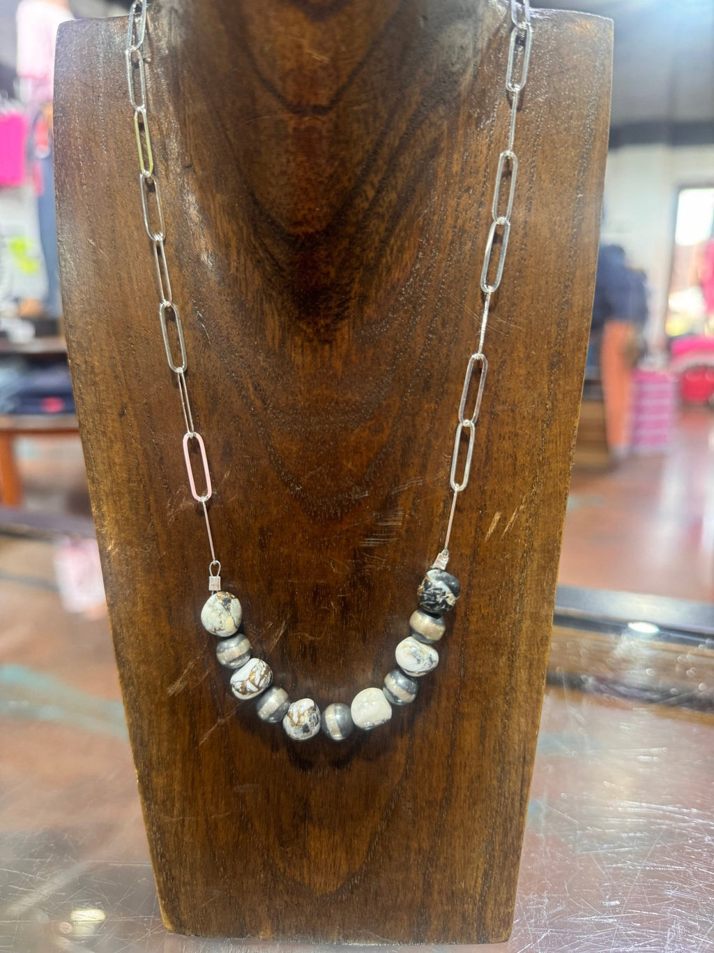 18 inch White Buffalo & Bronze Beads with Navajo Pearls Paperclip Sterling Silver Genuine Necklace - Country Lace Boutique