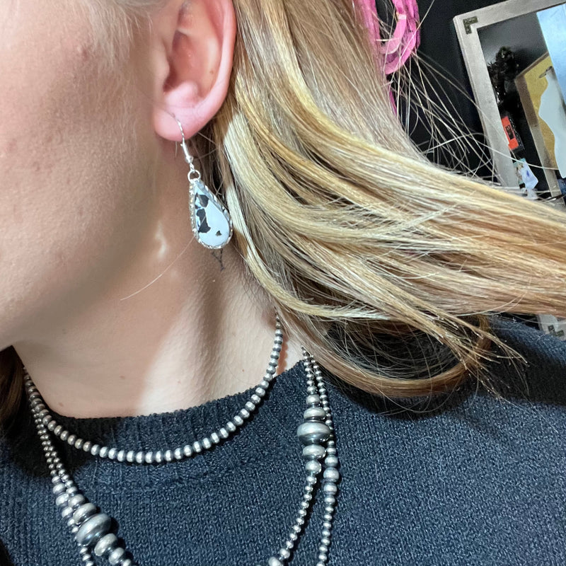 White Buffalo w/ Silver Detail French Hook Sterling Silver Earring