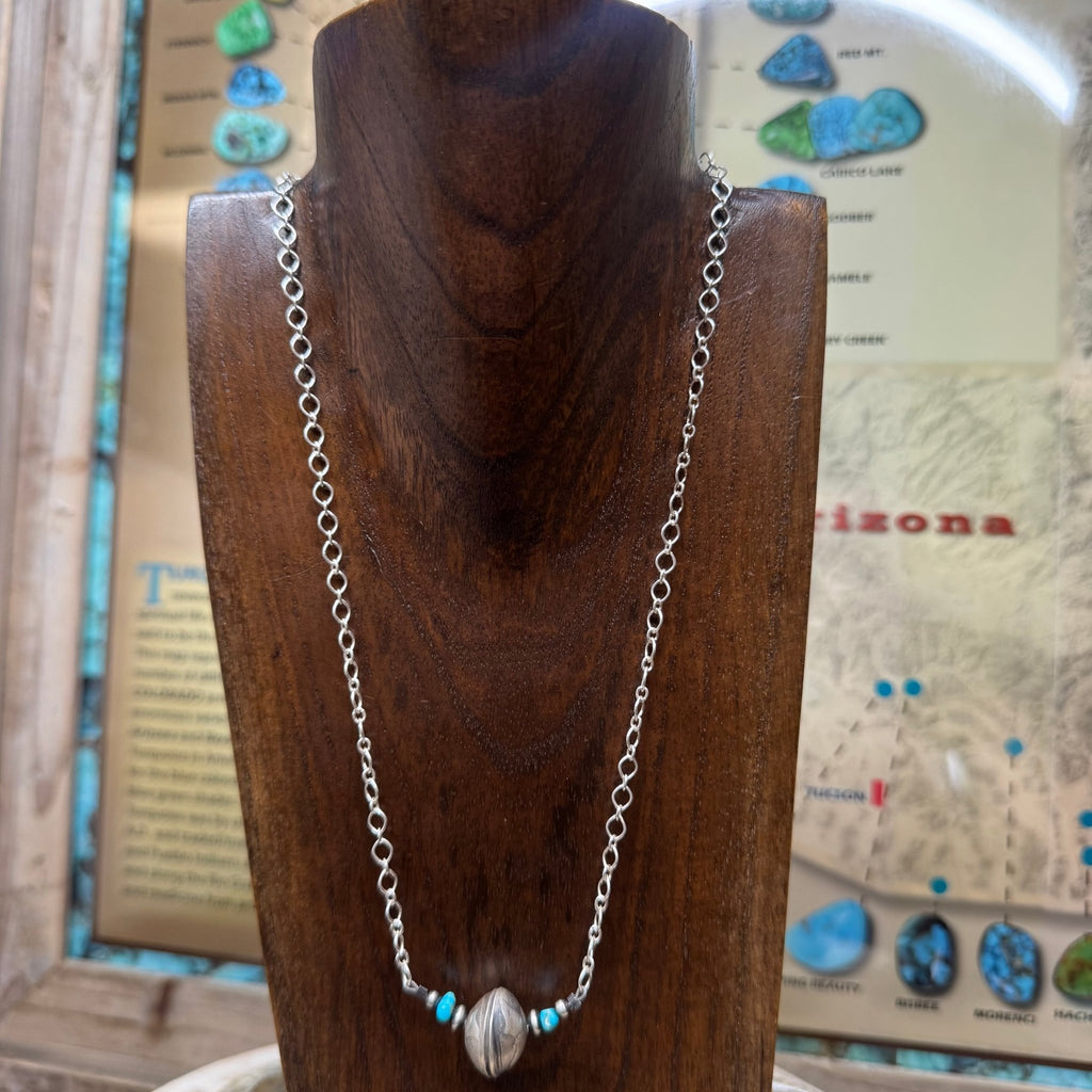 19 inch Saucer with Turquoise & Pearls Chain Sterling Silver Necklace - Country Lace Boutique