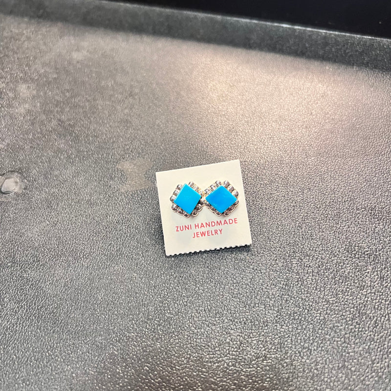 Turquoise Square Little Ball Stud Genuine Earring