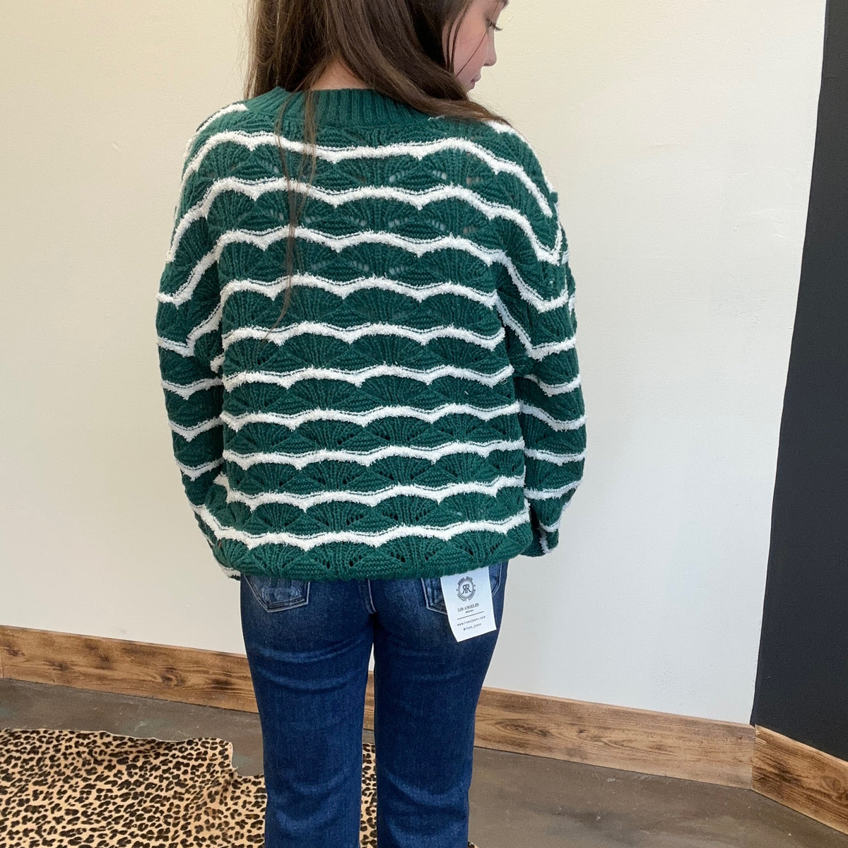 Green & White Detailed Long Sleeve Sweater