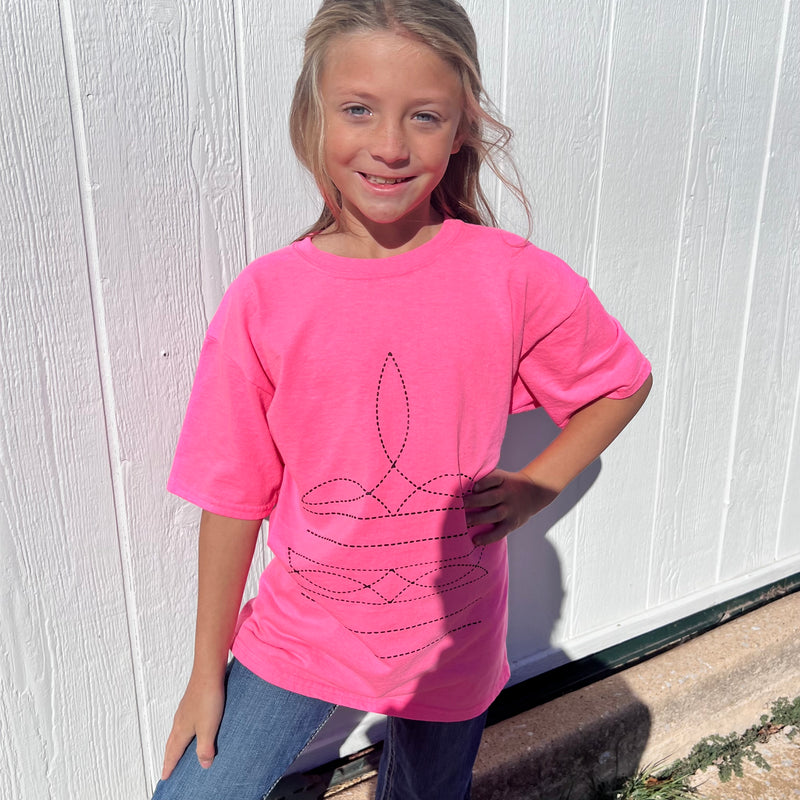 Youth Neon Pink & Black Boot Stitch Crew Neck T-shirt