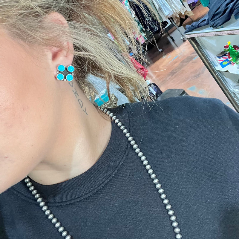 4 Stone Turquoise Stud Post Genuine Earring