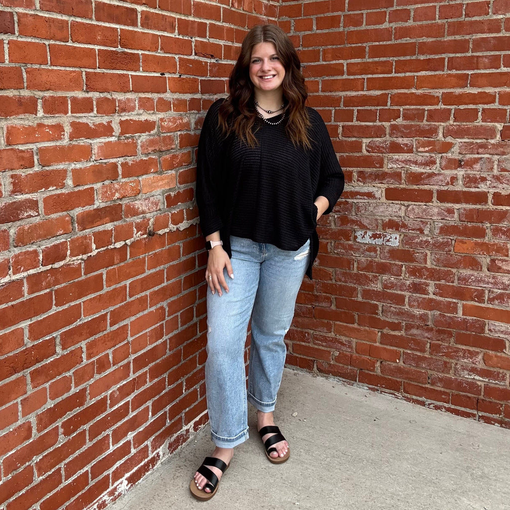 Plus Size Dolman Black Waffle V Neck 3/4 Sleeve Top