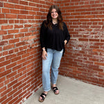 Plus Size Dolman Black Waffle V Neck 3/4 Sleeve Top