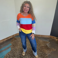 Bright Multi Color Twisted Back Long Sleeve Sweater