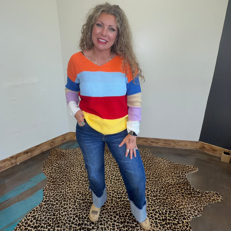 Bright Multi Color Twisted Back Long Sleeve Sweater
