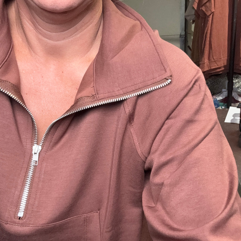 Chestnut Brown Super Soft Half Zip Crop Sweat Shirt