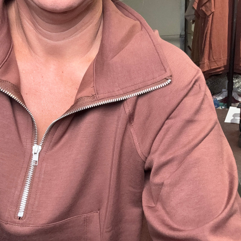 Chestnut Brown Super Soft Half Zip Crop Sweat Shirt