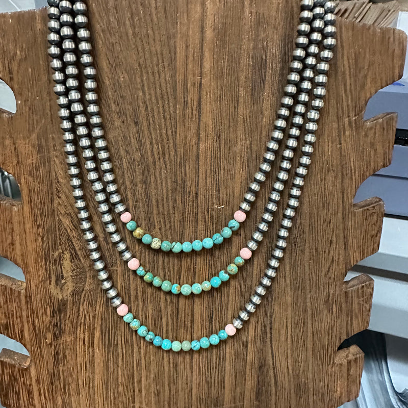 14 inch 5mm Genuine Sterling Silver Navajo Pearl with Turquoise & Pink Conch Necklace