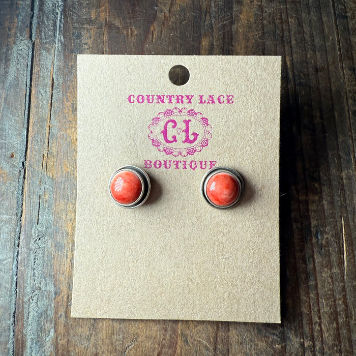 Round Orange Spiny With Detail Post Sterling Silver Earring