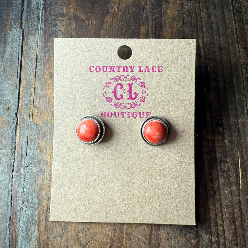 Round Orange Spiny With Detail Post Sterling Silver Earring