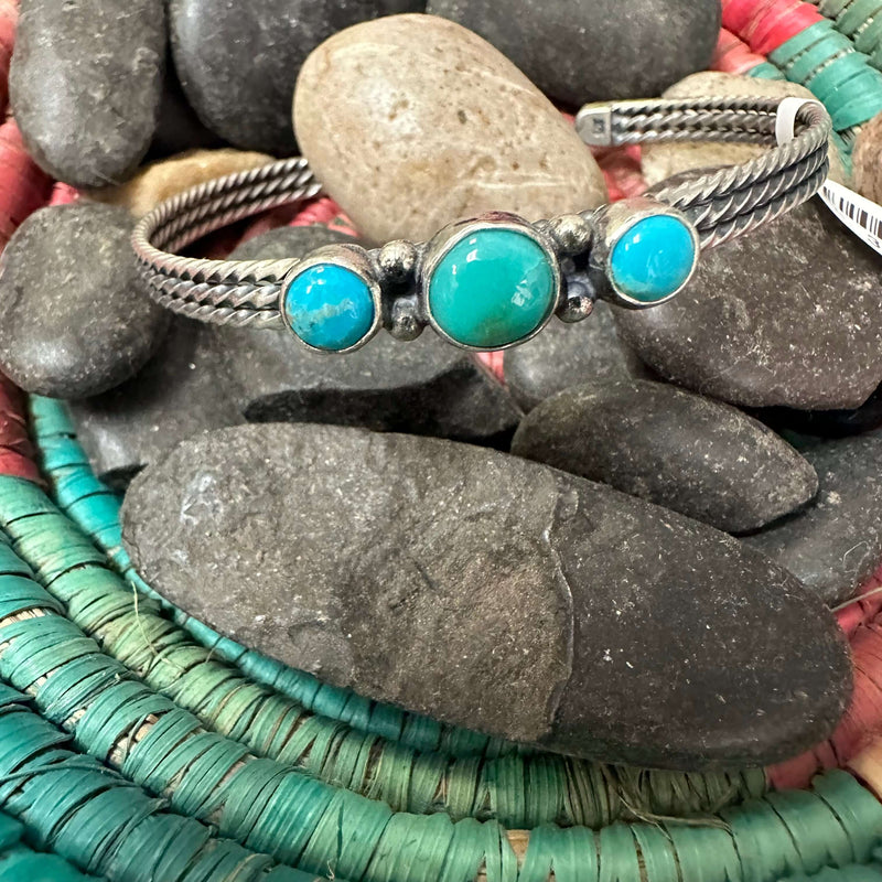 3 Stone Turquoise with Detail Cuff Genuine Bracelet