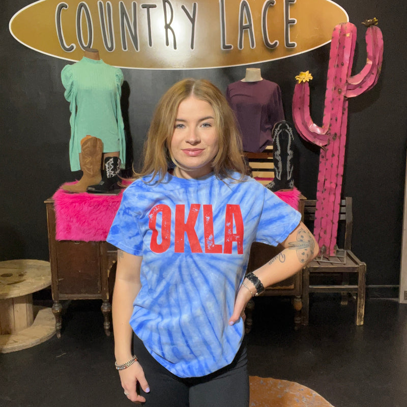 Blue Tie Dyed Red OKLA Crew Neck T-shirt / Small