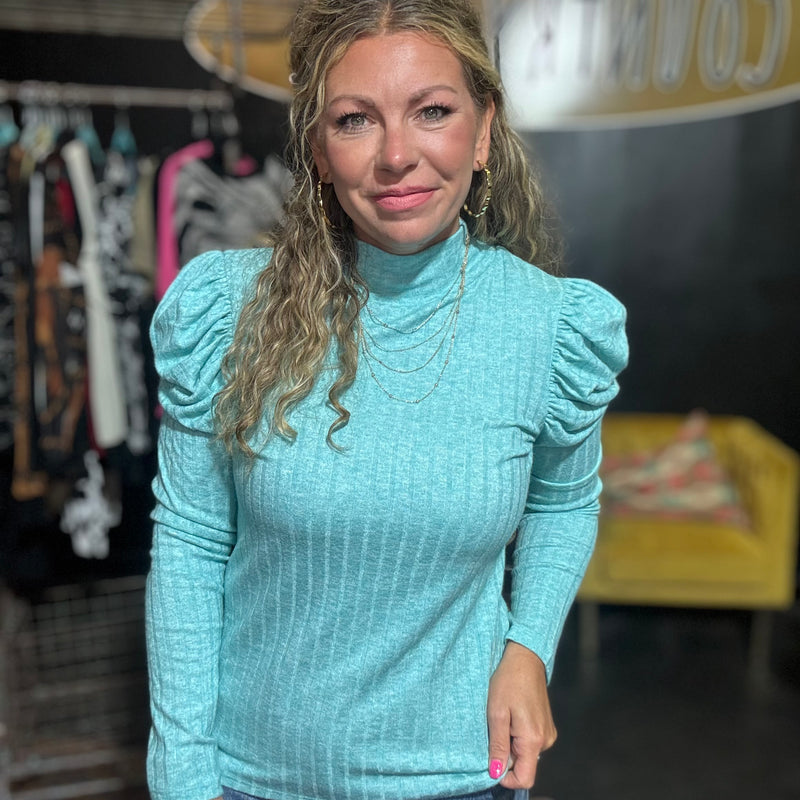 Blue Turquoise Ruffle Shoulder Long Sleeve
