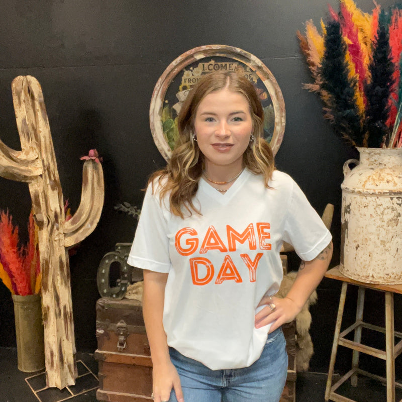 White Game Day with Orange V- Neck T-shirt