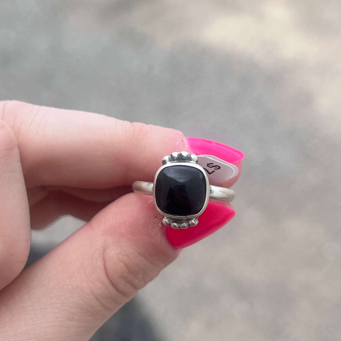 Square Black Onyx with Ball Detail Sterling Silver Ring