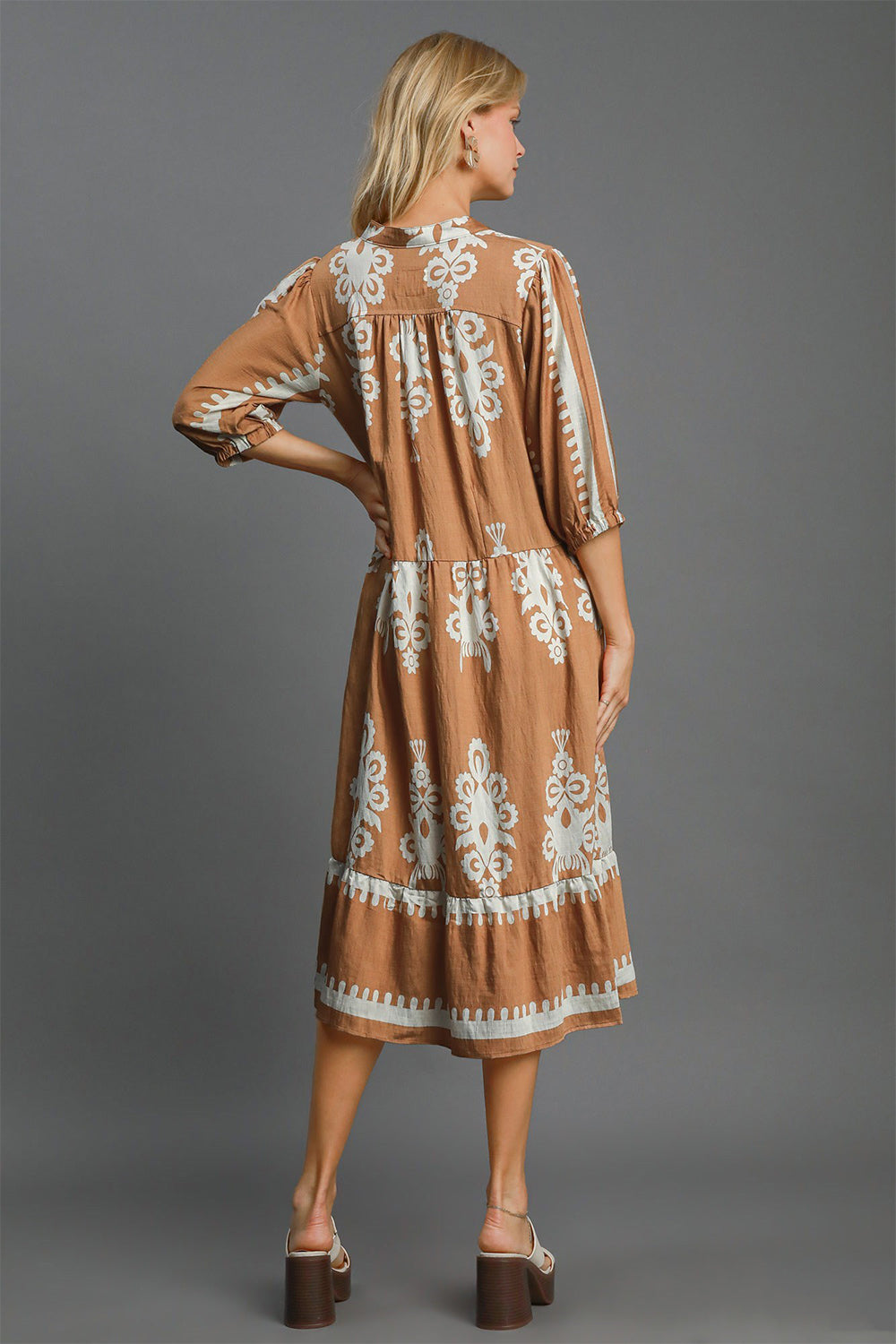 Camel Printed Notched Midi Dress