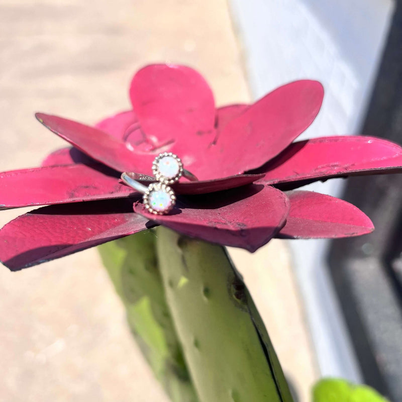 2 Stone Iridescent White Opal Adjustable Sterling Silver Ring - Country Lace Boutique