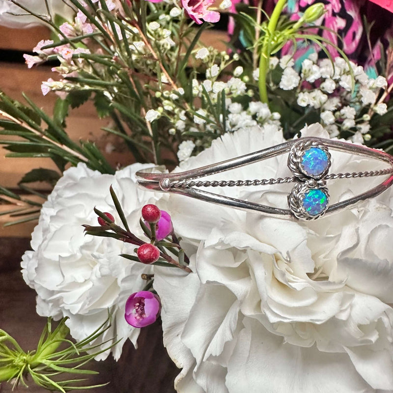 2 Stone Light Blue Opal Cuff Sterling Silver Bracelet - Country Lace Boutique