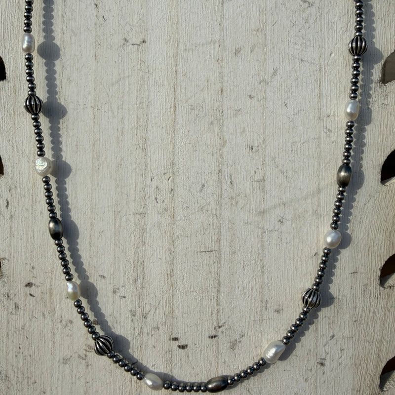 20 inch Navajo Pearl, Fresh Water Pearls & Assorted Beads Patterned Sterling Silver Navajo Pearl Necklace w/ 2 inch extender - Country Lace Boutique