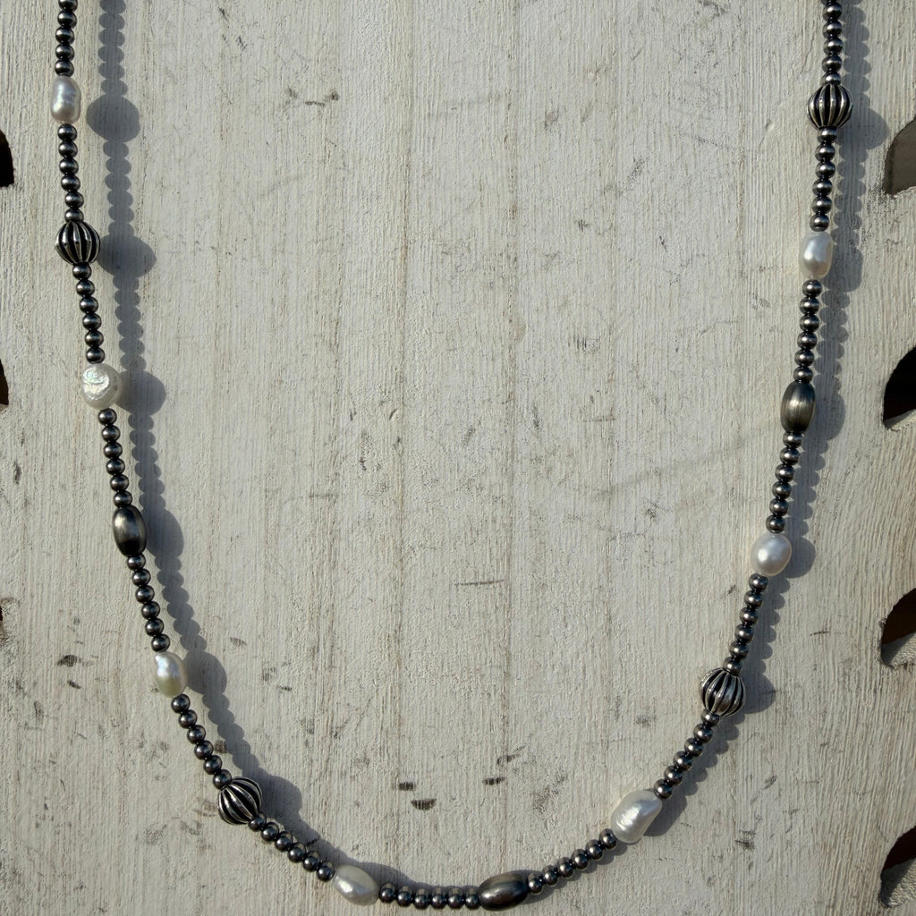 20 inch Navajo Pearl, Fresh Water Pearls & Assorted Beads Patterned Sterling Silver Navajo Pearl Necklace w/ 2 inch extender - Country Lace Boutique