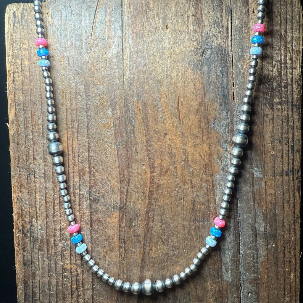 20 inch Patterned Navajo Pearl w/ Hot Pink, Blue, and White Opal Sterling Silver Necklace - Country Lace Boutique