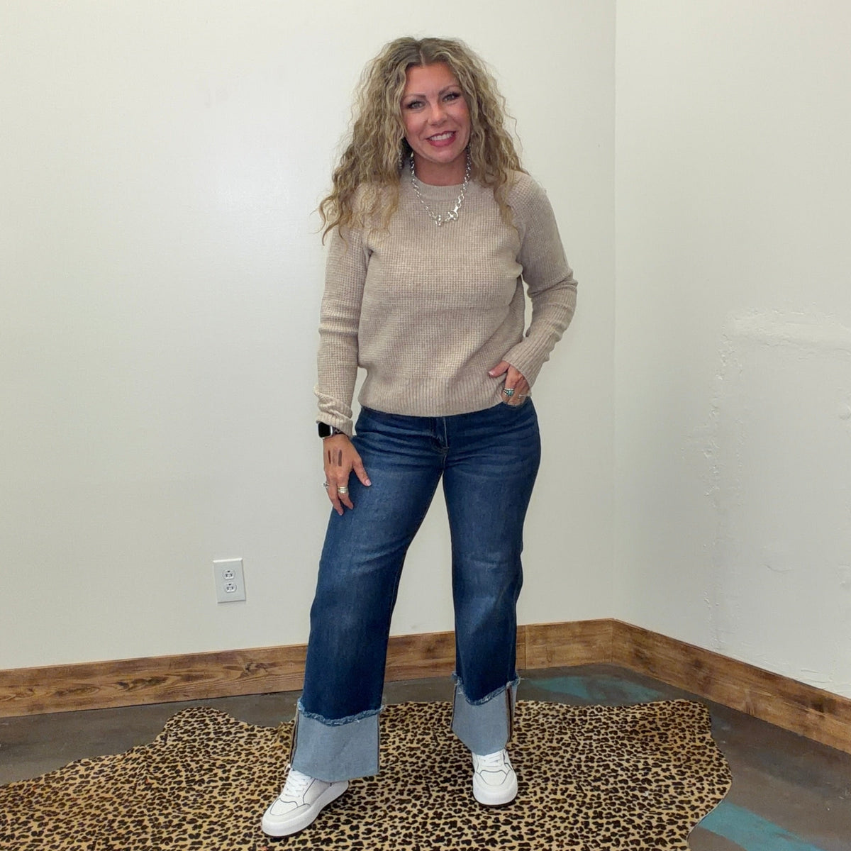 Khaki Soft Waffle Crew Neck Long Sleeve Sweater