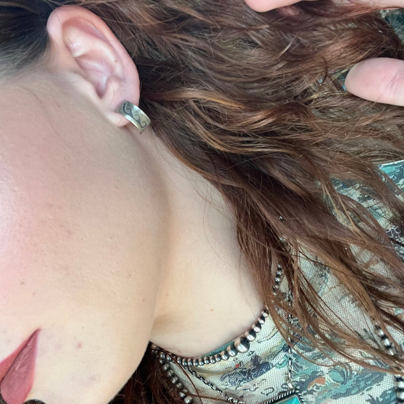 Sterling Silver Huggie with Detail Stud Post Genuine Earring