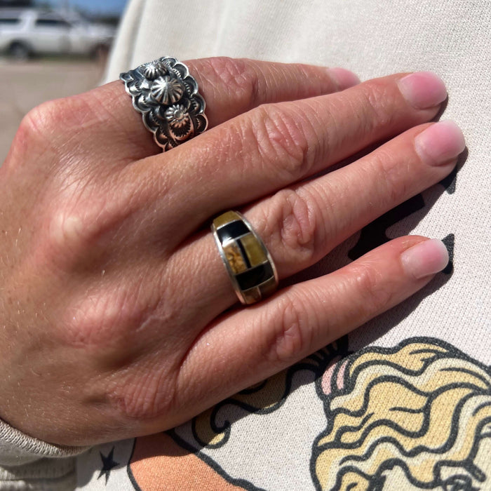 Tigers Eye and Black Onyx Sterling Silver Ring size 8