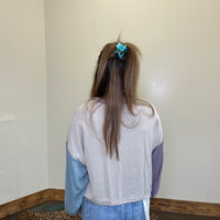 Purple & Turquoise Ribbed Color Block Long Sleeve Crop Shirt