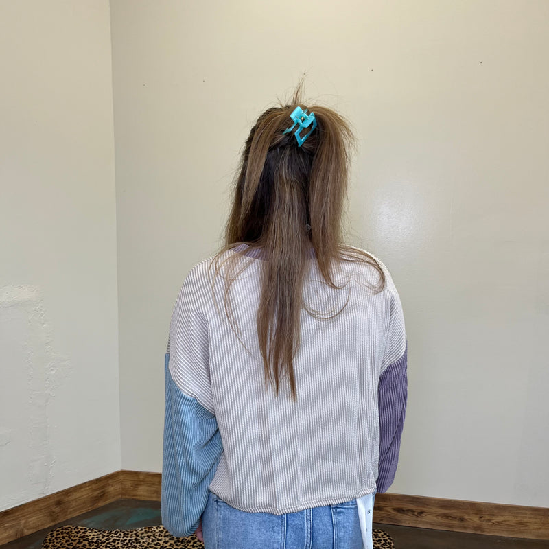 Purple & Turquoise Ribbed Color Block Long Sleeve Crop Shirt